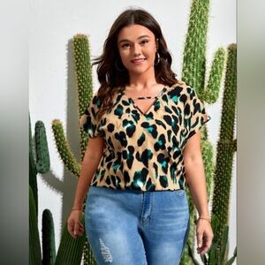 Plus size womens leopard print v-neck, eye catching colors, teal black & beige